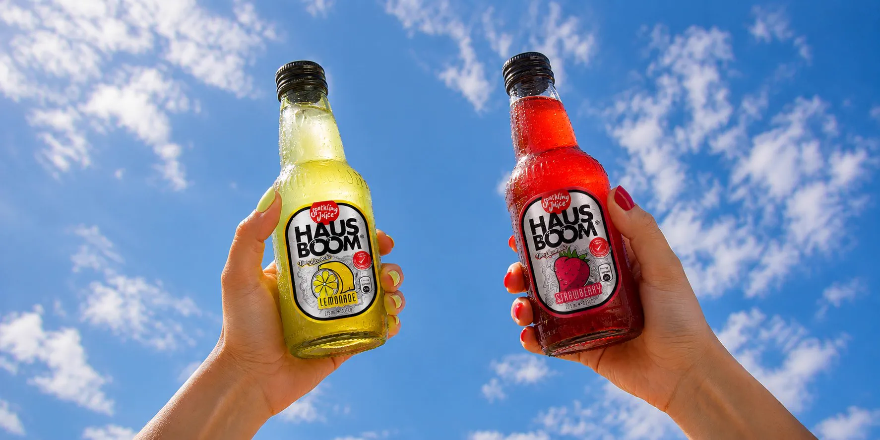 Two hands raising a Hausboom Lemonade and a Hausboom Strawberry bottle against a blue sky